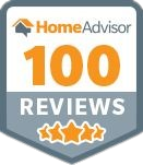 A HomeAdvisor digital badge showing a milestone achievement of 100 reviews with a 5-star rating graphic inside a gray and white shield border.